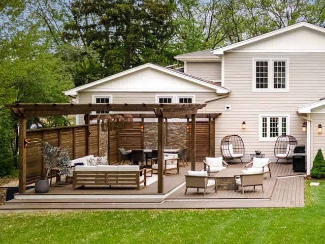 301 Canterbury Ln, Inverness, IL 60010 - back of house featuring an outdoor living space, a pergola, a wooden deck, and board and batten siding