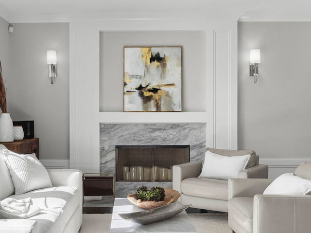 301 Canterbury Ln, Inverness, IL 60010 - living room featuring crown molding and a fireplace