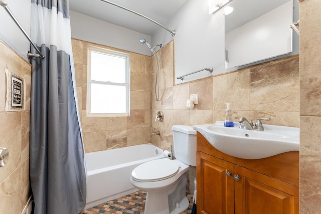 1213 N Irving Ave, Berkeley, IL 60163 - full bathroom with tile walls, toilet, shower / tub combo with curtain, and vanity