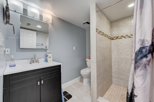 1213 N Irving Ave, Berkeley, IL 60163 - full bathroom with baseboards, toilet, tiled shower, tile patterned floors, and vanity