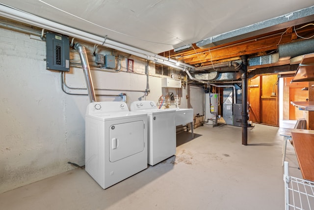 4620 Grace St, Schiller Park, IL 60176 - unfinished below grade area with water heater, heating unit, a sink, washing machine and dryer, and electric panel