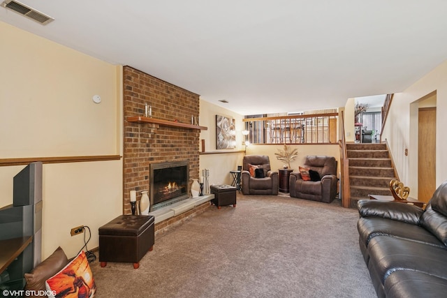 91 Frances Ln, Chicago Heights, IL 60411 - carpeted living area featuring visible vents, a fireplace, and stairway