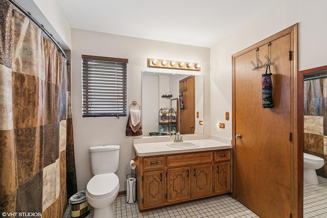 91 Frances Ln, Chicago Heights, IL 60411 - bathroom with toilet, tile patterned floors, a shower with shower curtain, and vanity