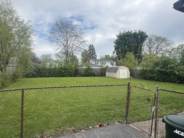 view of yard featuring a storage shed and an outbuilding