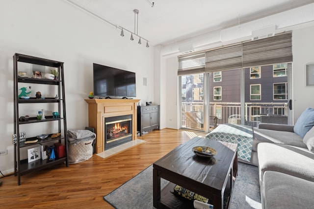 living room with track lighting, a fireplace with flush hearth, and wood finished floors