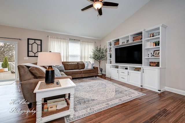 730 Goodfield Lndg, Elgin, IL 60124 - living area with baseboards, a ceiling fan, vaulted ceiling, and dark wood-style floors