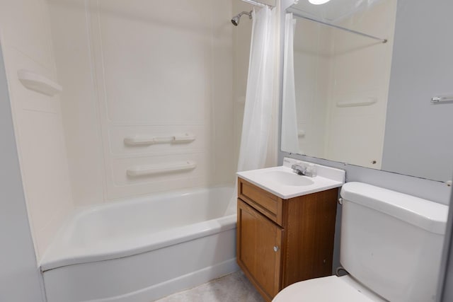 full bathroom featuring toilet, shower / bathtub combination with curtain, and vanity