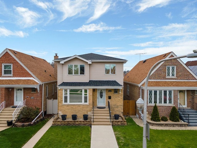 6522 S Kostner Ave, Chicago, IL 60629 - view of front of property with brick siding, a shingled roof, a front lawn, and fence