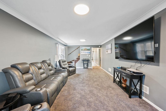 6522 S Kostner Ave, Chicago, IL 60629 - living area featuring baseboards, carpet floors, stairs, and ornamental molding