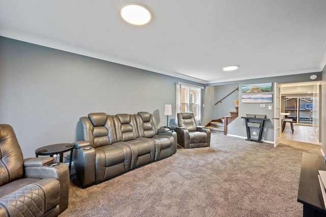 6522 S Kostner Ave, Chicago, IL 60629 - living area featuring carpet floors, crown molding, stairs, and baseboards