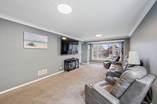 6522 S Kostner Ave, Chicago, IL 60629 - living area with baseboards, visible vents, carpet floors, and crown molding