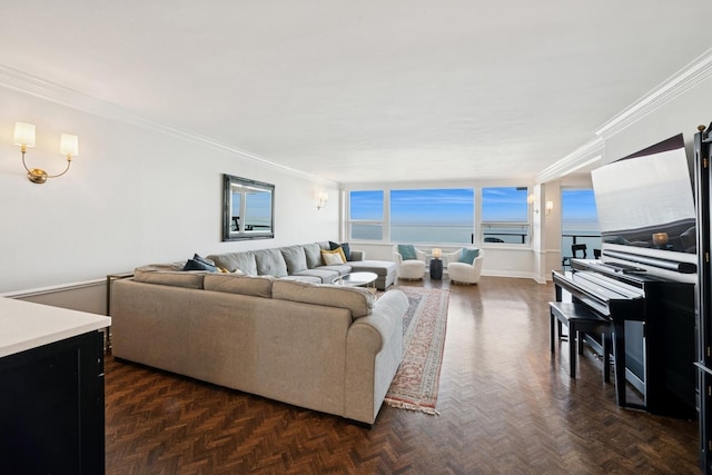 living room with baseboards and ornamental molding