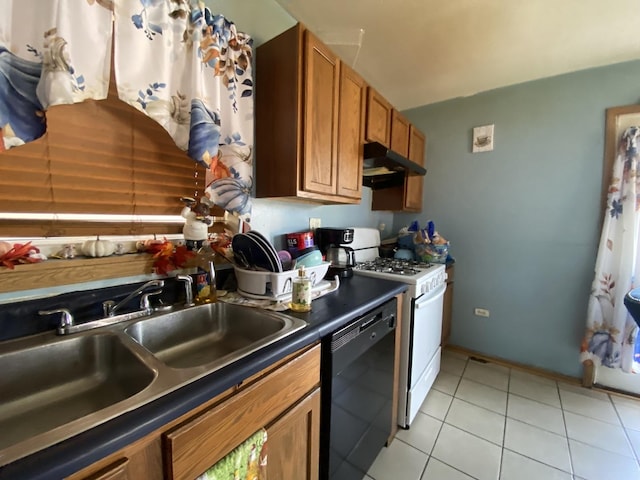kitchen with a sink, brown cabinets, under cabinet range hood, black dishwasher, and white range with gas cooktop