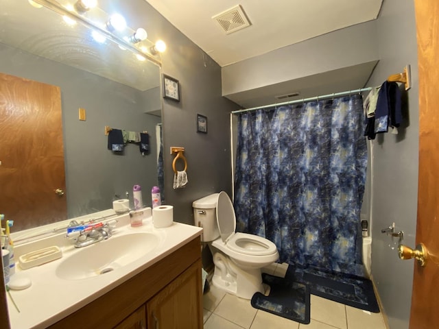 full bathroom with visible vents, toilet, shower / bath combination with curtain, tile patterned floors, and vanity