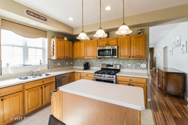 13474 Lehigh St, Huntley, IL 60142 - kitchen featuring appliances with stainless steel finishes, tasteful backsplash, light countertops, and a sink