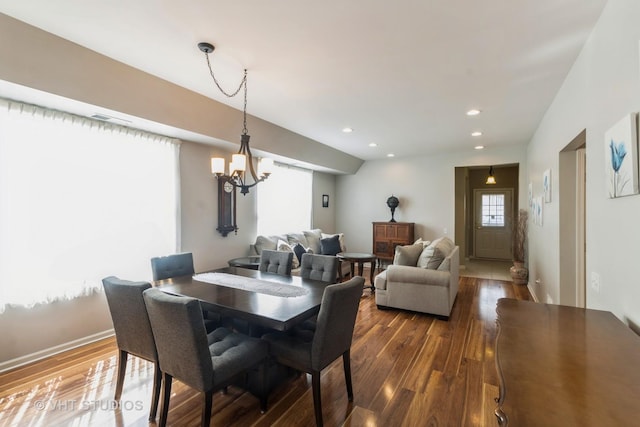 13474 Lehigh St, Huntley, IL 60142 - dining area featuring recessed lighting, dark wood-style flooring, a chandelier, and visible vents