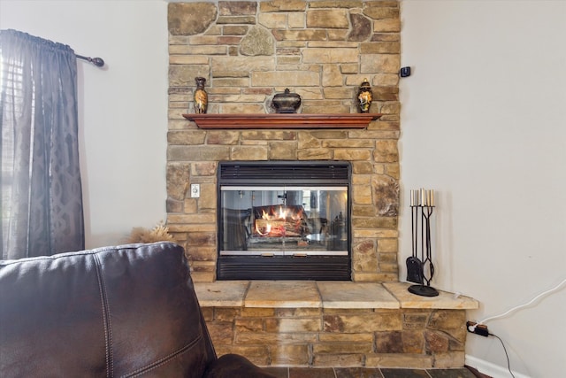 229 Stone Hollow Dr, Poplar Grove, IL 61065 - details featuring a stone fireplace and baseboards