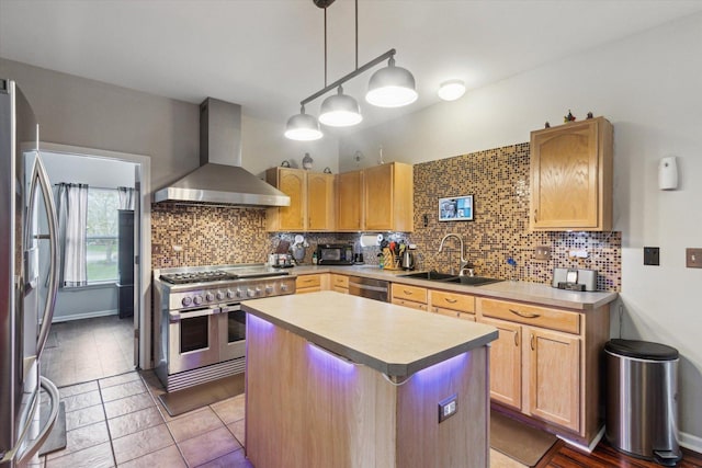 229 Stone Hollow Dr, Poplar Grove, IL 61065 - kitchen featuring backsplash, wall chimney exhaust hood, appliances with stainless steel finishes, and a sink