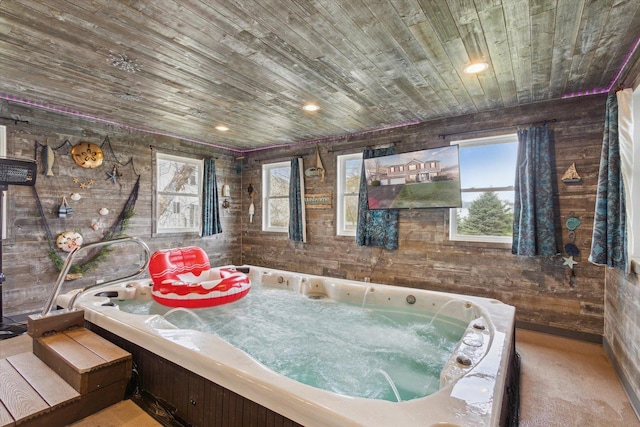 229 Stone Hollow Dr, Poplar Grove, IL 61065 - miscellaneous room with a hot tub, wood walls, wood ceiling, and a wealth of natural light