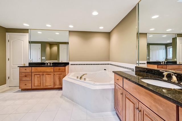 909 Prairie Ridge Ct, Burr Ridge, IL 60527 - full bath featuring two vanities, a bath, tile patterned flooring, and recessed lighting