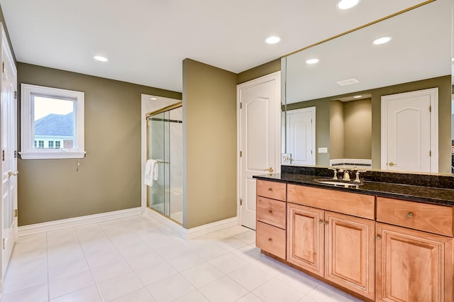 909 Prairie Ridge Ct, Burr Ridge, IL 60527 - full bathroom with a stall shower, baseboards, vanity, recessed lighting, and tile patterned flooring
