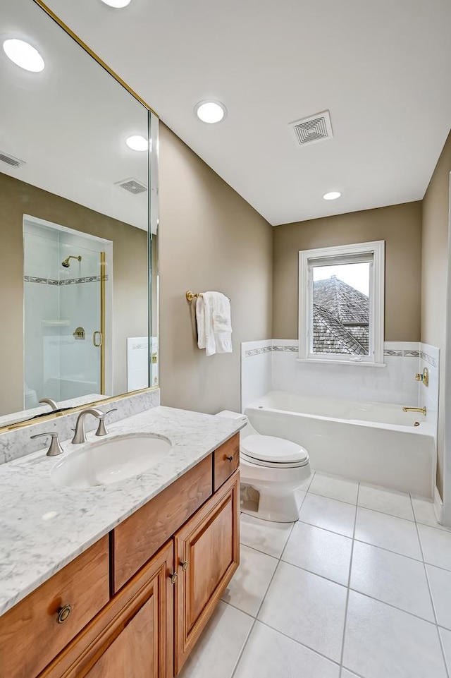 909 Prairie Ridge Ct, Burr Ridge, IL 60527 - full bathroom featuring vanity, a garden tub, tile patterned flooring, toilet, and a shower