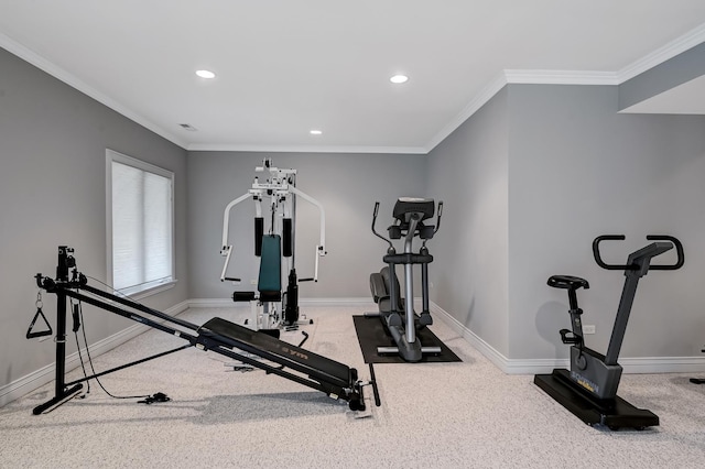 909 Prairie Ridge Ct, Burr Ridge, IL 60527 - exercise area featuring baseboards, recessed lighting, crown molding, and carpet