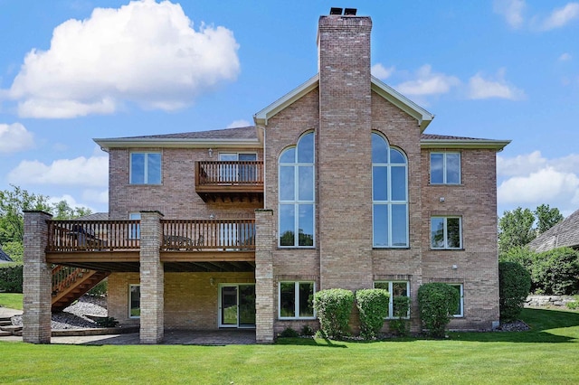 909 Prairie Ridge Ct, Burr Ridge, IL 60527 - back of house featuring brick siding, a balcony, a lawn, a wooden deck, and a chimney