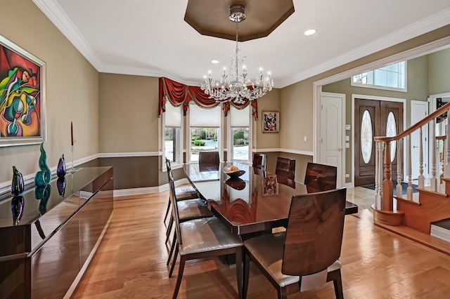 909 Prairie Ridge Ct, Burr Ridge, IL 60527 - dining space with a chandelier, crown molding, light wood finished floors, baseboards, and recessed lighting