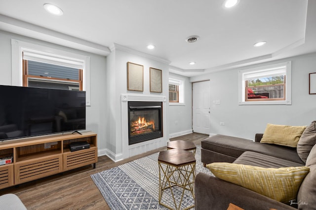 living area with wood finished floors, a glass covered fireplace, a wealth of natural light, baseboards, and recessed lighting