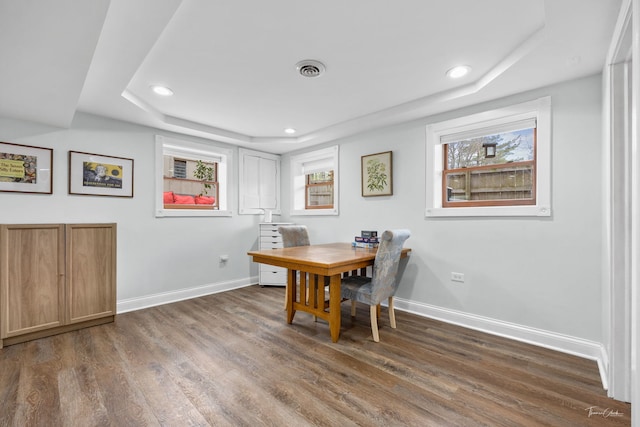 dining room featuring baseboards, wood finished floors, a tray ceiling, and a wealth of natural light