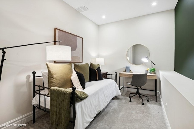 bedroom with visible vents, baseboards, recessed lighting, and carpet flooring