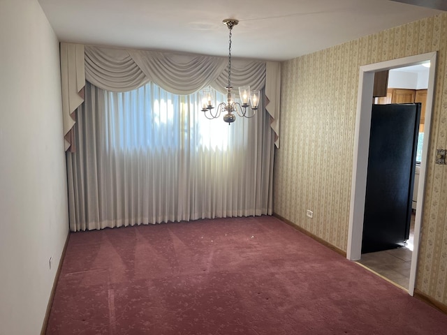 9609 S Kenneth Ave, Oak Lawn, IL 60453 - unfurnished room featuring carpet floors, wallpapered walls, a notable chandelier, and baseboards