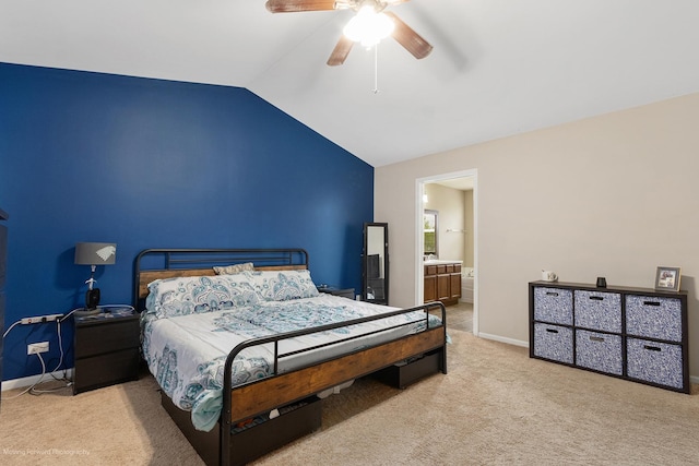 bedroom featuring baseboards, vaulted ceiling, ceiling fan, and carpet