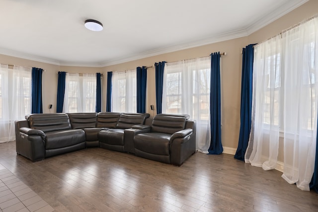 living area with baseboards, ornamental molding, and wood-type flooring
