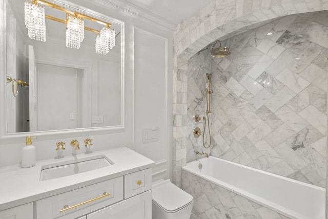 1004 Golden Ave, Woodstock, IL 60098 - full bath with crown molding, vanity, an inviting chandelier, tiled shower / bath combo, and toilet