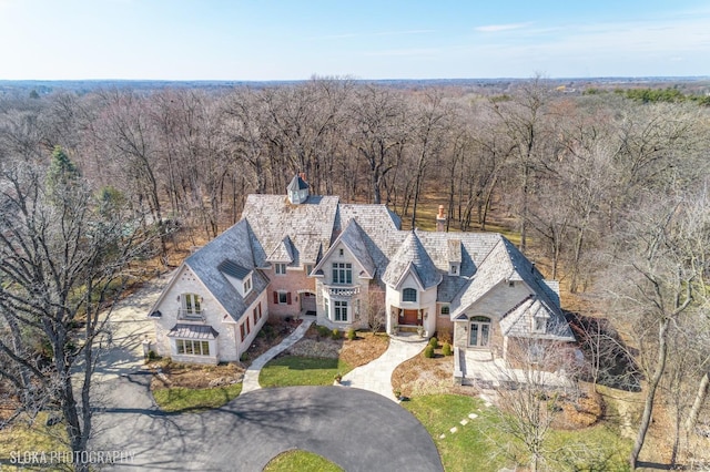 drone / aerial view with a wooded view