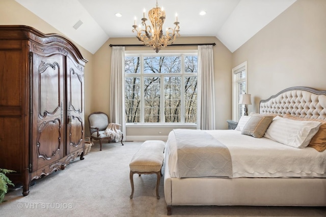 carpeted bedroom featuring lofted ceiling, visible vents, and an inviting chandelier