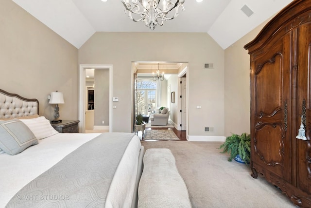 bedroom featuring vaulted ceiling, a notable chandelier, visible vents, and light carpet