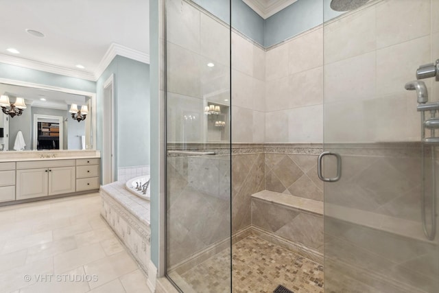 full bath featuring a bath, tile patterned floors, an inviting chandelier, a shower stall, and crown molding