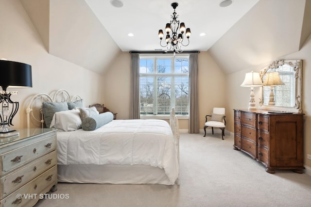 bedroom with light carpet, vaulted ceiling, baseboards, and an inviting chandelier