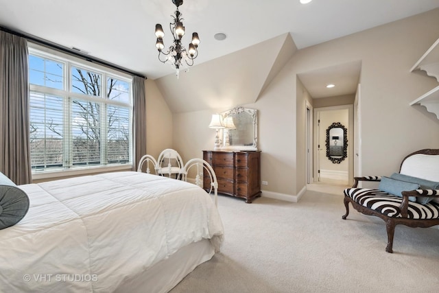carpeted bedroom featuring vaulted ceiling, baseboards, an inviting chandelier, and recessed lighting