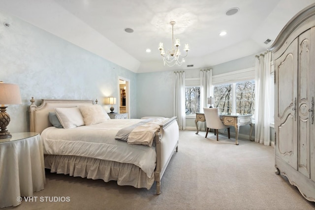 bedroom with light carpet, baseboards, visible vents, recessed lighting, and a chandelier