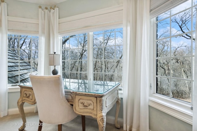 carpeted dining space featuring baseboards and a healthy amount of sunlight