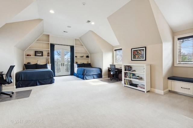 bedroom featuring light carpet, access to exterior, vaulted ceiling, visible vents, and baseboards