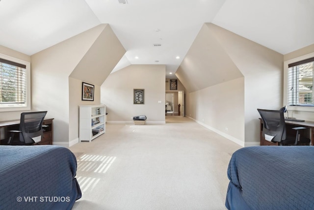 bedroom featuring recessed lighting, vaulted ceiling, light carpet, and baseboards