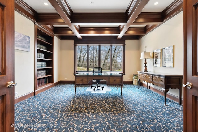 carpeted office featuring recessed lighting, beamed ceiling, crown molding, baseboards, and built in shelves