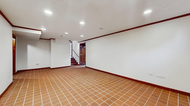 7350 N Karlov Ave, Lincolnwood, IL 60712 - empty room with crown molding, recessed lighting, stairs, and light carpet