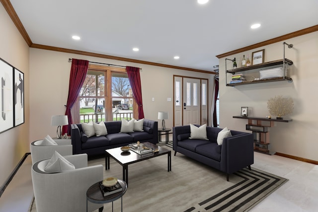 living room featuring crown molding, recessed lighting, and plenty of natural light