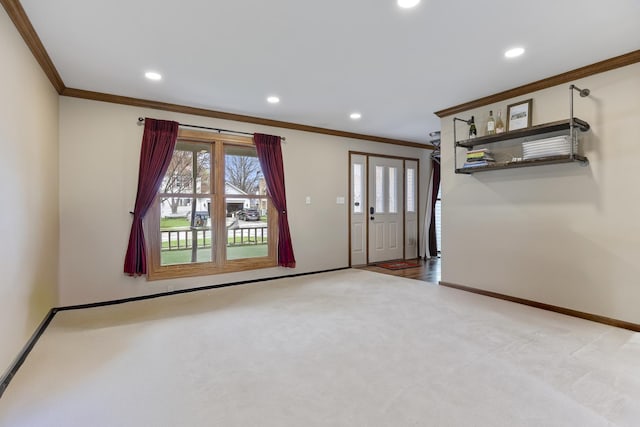 interior space featuring ornamental molding, recessed lighting, and plenty of natural light